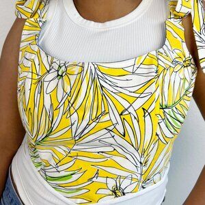 Hand Crafted White Corset Tank with Yellow Floral Print & Shoulder Tie Straps